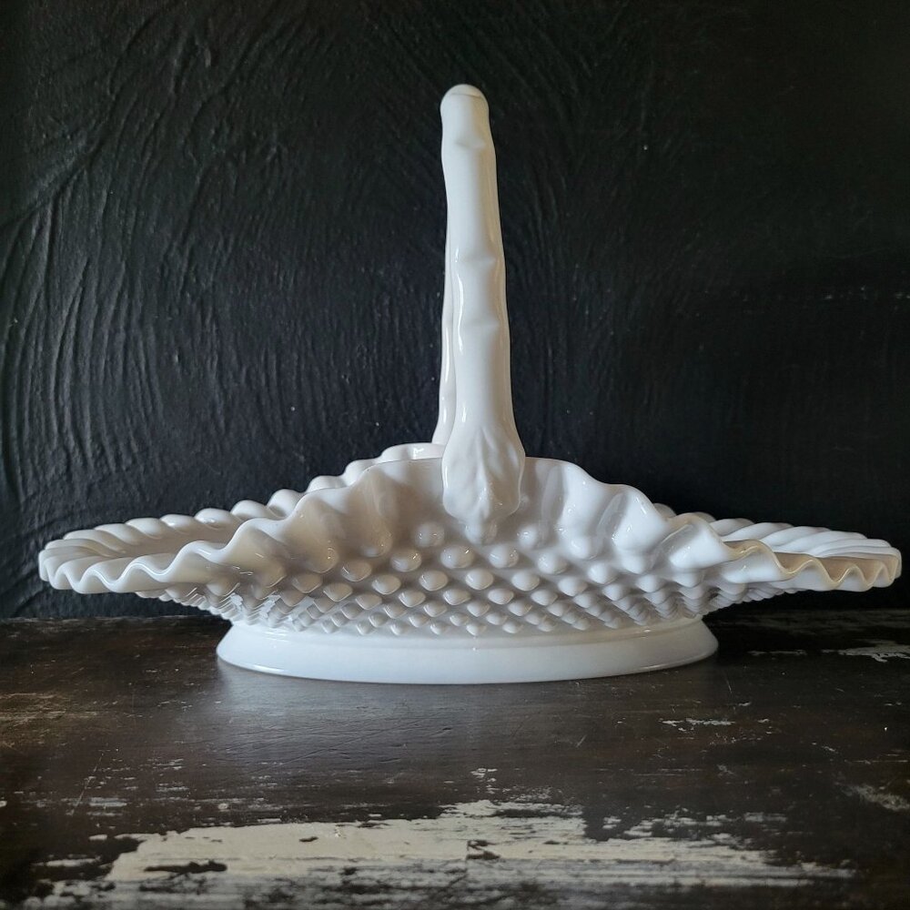 Fenton White Milk Glass Hobnail Ruffled Basket Vtg Wedding, Easter Decor 12.875"